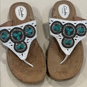 Clarks Women's White and Tan Sandals with Turquoise Accents